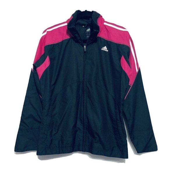 Adidas Womens Medium Pink Black Full Zip Track Jacket Workout 3 Stripe Pockets - Picture 1 of 5
